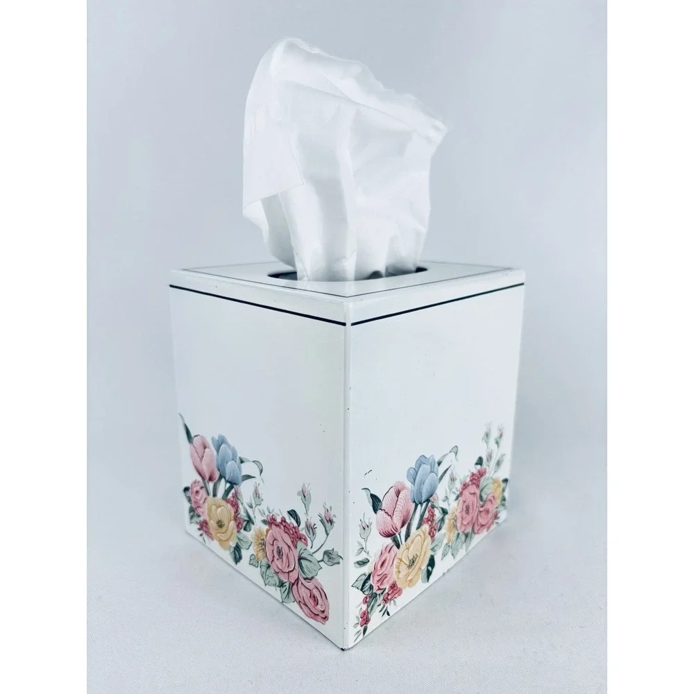 Andre Richard Floral Flowers Square Metal Tissue Box Vintage Retro Cottagecore